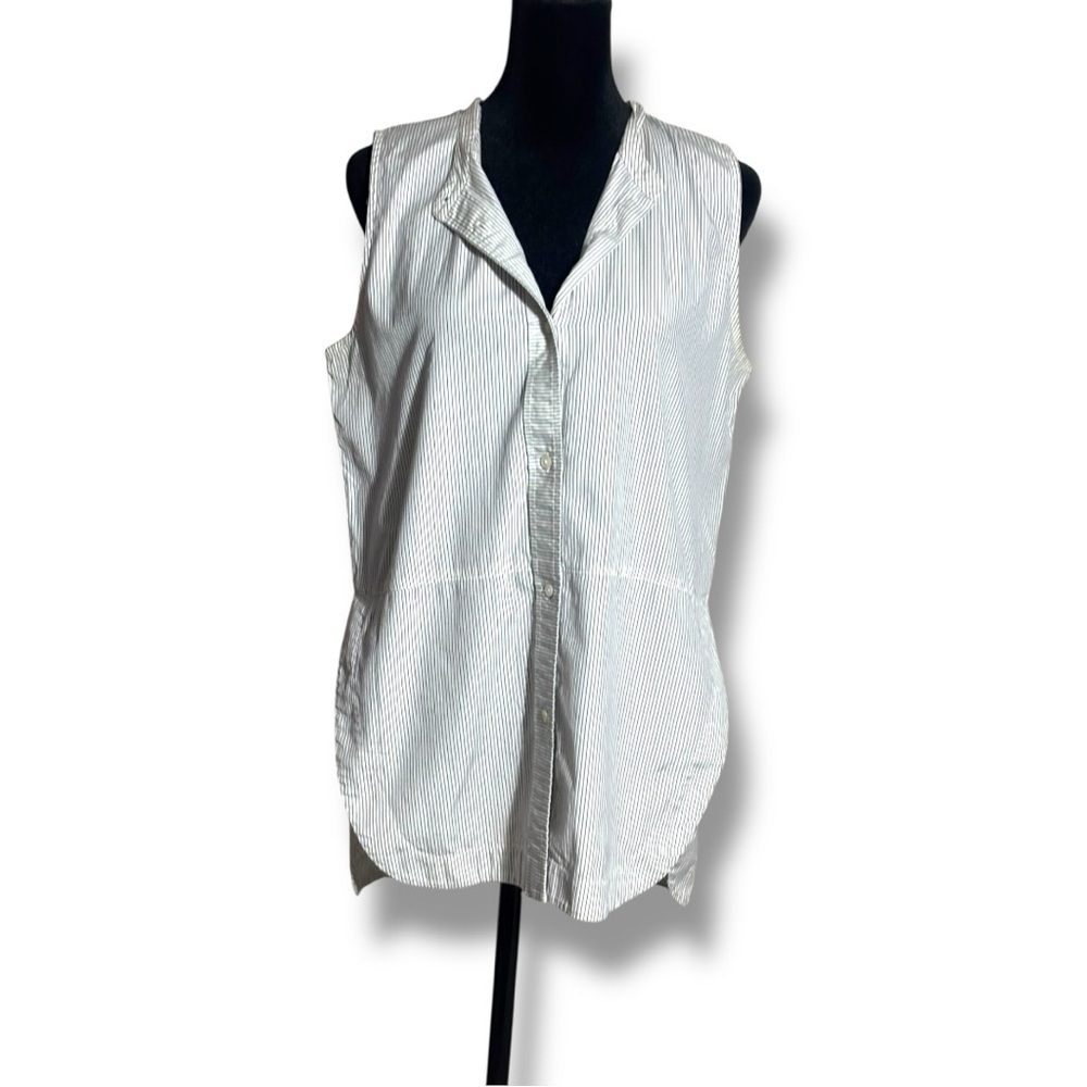 Vince White Pinstripe High Neck Button Down Side Slits Sleeveless Blouse/Tunic - Picture 3 of 16